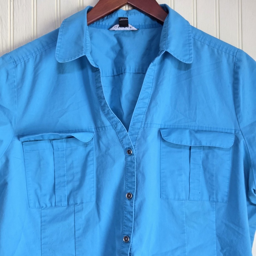George Button Up Shirt Womens 2X Plus Blue Collared Short Sleeve Pockets Stretch